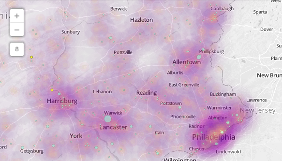 A heat map of traffic accidents in Pennslyvania.