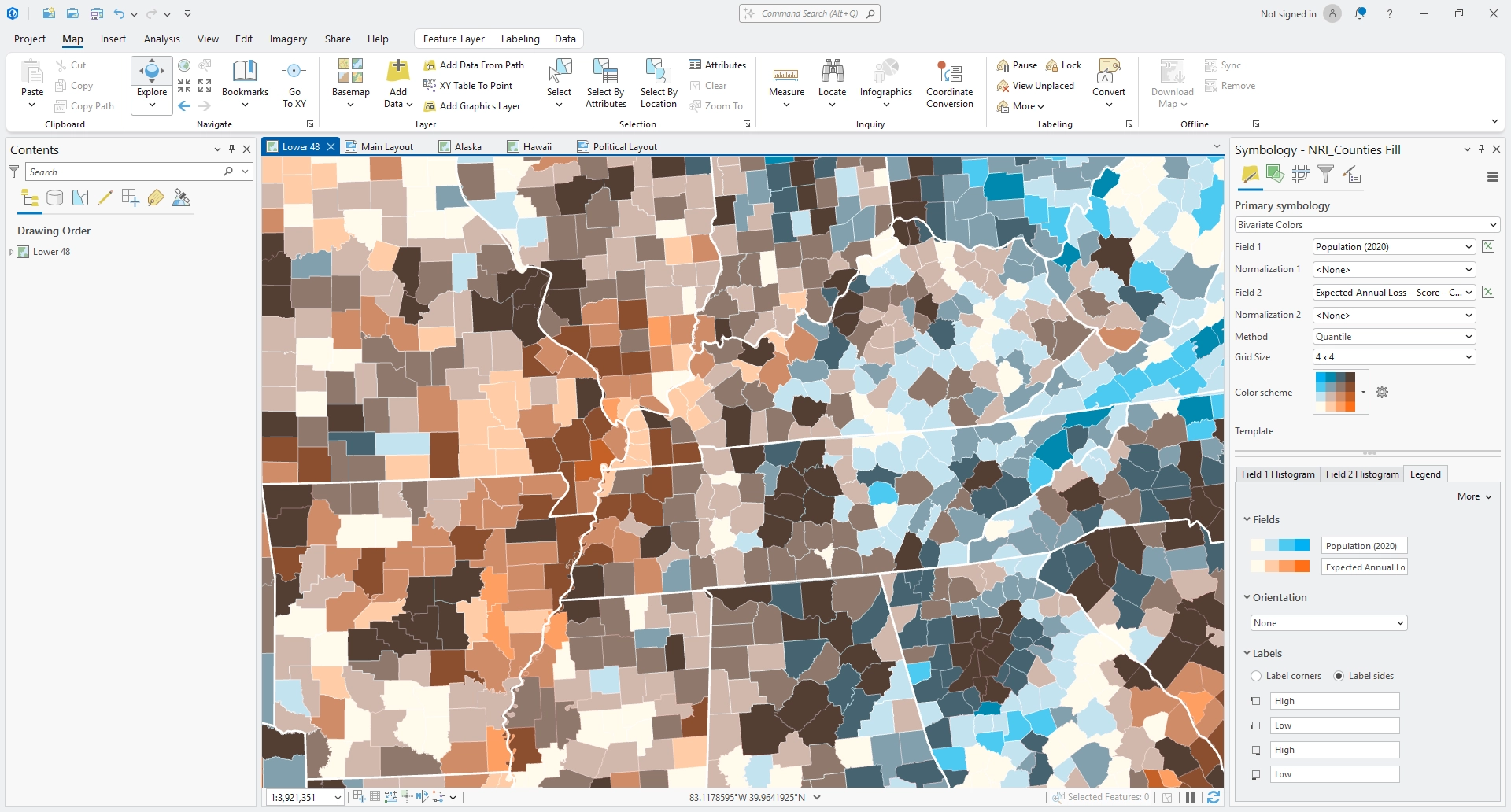 Bivariate map of US counties